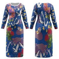 Hawaiian and Japanese Culture Together Family Matching Long Sleeve Bodycon Dress and Hawaiian Shirt Kakau Tribal Pattern and Irezumi Art Blue Color