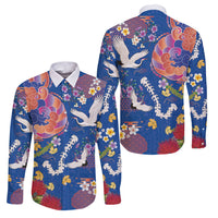 Hawaiian and Japanese Culture Together Family Matching Long Sleeve Bodycon Dress and Hawaiian Shirt Kakau Tribal Pattern and Irezumi Art Blue Color