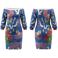 Hawaiian and Japanese Culture Together Family Matching Off The Shoulder Long Sleeve Dress and Hawaiian Shirt Kakau Tribal Pattern and Irezumi Art Blue Color