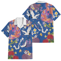Hawaiian and Japanese Culture Together Family Matching Off The Shoulder Long Sleeve Dress and Hawaiian Shirt Kakau Tribal Pattern and Irezumi Art Blue Color