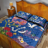 Hawaiian and Japanese Culture Together Quilt Bed Set Kakau Tribal Pattern and Irezumi Art Blue Color