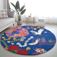 Hawaiian and Japanese Culture Together Round Carpet Kakau Tribal Pattern and Irezumi Art Blue Color