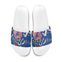 Hawaiian and Japanese Culture Together Slide Sandals Kakau Tribal Pattern and Irezumi Art Blue Color