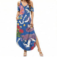 Hawaiian and Japanese Culture Together Summer Maxi Dress Kakau Tribal Pattern and Irezumi Art Blue Color