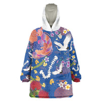 Hawaiian and Japanese Culture Together Wearable Blanket Hoodie Kakau Tribal Pattern and Irezumi Art Blue Color