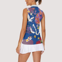 Hawaiian and Japanese Culture Together Women Sleeveless Polo Shirt Kakau Tribal Pattern and Irezumi Art Blue Color