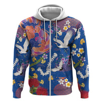 Hawaiian and Japanese Culture Together Zip Hoodie Kakau Tribal Pattern and Irezumi Art Blue Color