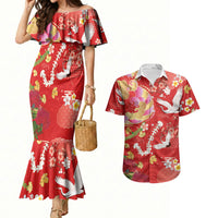 Hawaiian and Japanese Culture Together Couples Matching Mermaid Dress and Hawaiian Shirt Kakau Tribal Pattern and Irezumi Art Red Color