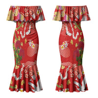 Hawaiian and Japanese Culture Together Couples Matching Mermaid Dress and Long Sleeve Button Shirt Kakau Tribal Pattern and Irezumi Art Red Color
