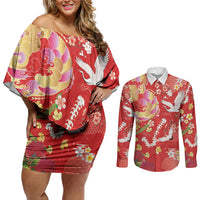 Hawaiian and Japanese Culture Together Couples Matching Off Shoulder Short Dress and Long Sleeve Button Shirt Kakau Tribal Pattern and Irezumi Art Red Color