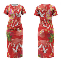 Hawaiian and Japanese Culture Together Couples Matching Short Sleeve Bodycon Dress and Long Sleeve Button Shirt Kakau Tribal Pattern and Irezumi Art Red Color