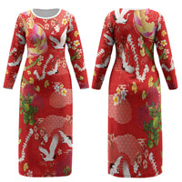 Hawaiian and Japanese Culture Together Family Matching Long Sleeve Bodycon Dress and Hawaiian Shirt Kakau Tribal Pattern and Irezumi Art Red Color