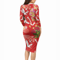 Hawaiian and Japanese Culture Together Long Sleeve Bodycon Dress Kakau Tribal Pattern and Irezumi Art Red Color