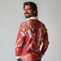 Hawaiian and Japanese Culture Together Long Sleeve Polo Shirt Kakau Tribal Pattern and Irezumi Art Red Color