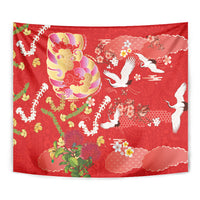 Hawaiian and Japanese Culture Together Tapestry Kakau Tribal Pattern and Irezumi Art Red Color