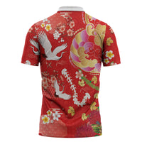 Hawaiian and Japanese Culture Together Zipper Polo Shirt Kakau Tribal Pattern and Irezumi Art Red Color