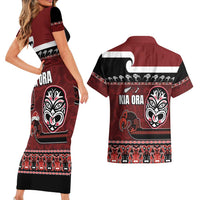 New Zealand Culture Couples Matching Short Sleeve Bodycon Dress and Hawaiian Shirt Kia Ora Aotearoa Moko Tattoo Mask with Waka and Maori Art Pattern