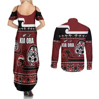 New Zealand Culture Couples Matching Summer Maxi Dress and Long Sleeve Button Shirt Kia Ora Aotearoa Moko Tattoo Mask with Waka and Maori Art Pattern