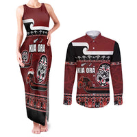New Zealand Culture Couples Matching Tank Maxi Dress and Long Sleeve Button Shirt Kia Ora Aotearoa Moko Tattoo Mask with Waka and Maori Art Pattern