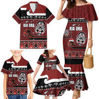 New Zealand Culture Family Matching Mermaid Dress and Hawaiian Shirt Kia Ora Aotearoa Moko Tattoo Mask with Waka and Maori Art Pattern