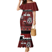 New Zealand Culture Family Matching Mermaid Dress and Hawaiian Shirt Kia Ora Aotearoa Moko Tattoo Mask with Waka and Maori Art Pattern