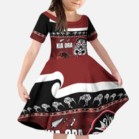 New Zealand Culture Kid Short Sleeve Dress Kia Ora Aotearoa Moko Tattoo Mask with Waka and Maori Art Pattern