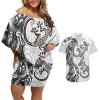 New Zealand Gecko Maori Art Tattoo Couples Matching Off Shoulder Short Dress and Hawaiian Shirt White Color