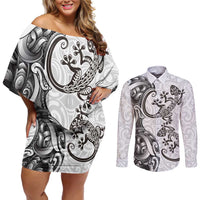 New Zealand Gecko Maori Art Tattoo Couples Matching Off Shoulder Short Dress and Long Sleeve Button Shirt White Color