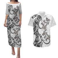 New Zealand Gecko Maori Art Tattoo Couples Matching Puletasi and Hawaiian Shirt White Color