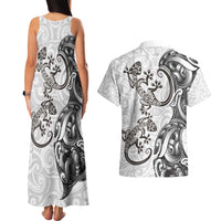 New Zealand Gecko Maori Art Tattoo Couples Matching Tank Maxi Dress and Hawaiian Shirt White Color