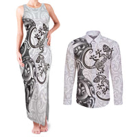 New Zealand Gecko Maori Art Tattoo Couples Matching Tank Maxi Dress and Long Sleeve Button Shirt White Color