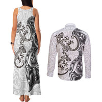 New Zealand Gecko Maori Art Tattoo Couples Matching Tank Maxi Dress and Long Sleeve Button Shirt White Color
