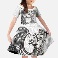 New Zealand Gecko Maori Art Tattoo Kid Short Sleeve Dress White Color LT03 KID White - Polynesian Pride