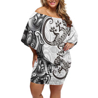 New Zealand Gecko Maori Art Tattoo Off Shoulder Short Dress White Color LT03 Women White - Polynesian Pride