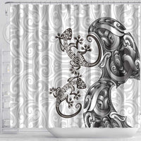 New Zealand Gecko Maori Art Tattoo Shower Curtain White Color LT03 - Polynesian Pride