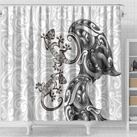 New Zealand Gecko Maori Art Tattoo Shower Curtain White Color LT03 - Polynesian Pride
