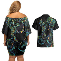 New Zealand Gecko Maori Art Tattoo Couples Matching Off Shoulder Short Dress and Hawaiian Shirt Silver Fern and Paua Shell Mode