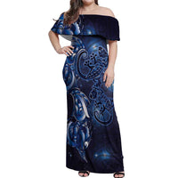 New Zealand Gecko Maori Art Tattoo Off Shoulder Maxi Dress Matariki Mode LT03 Women Blue - Polynesian Pride