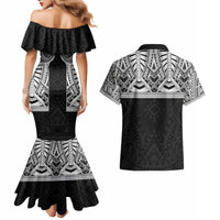 Samoan Traditional Art Tattoos Couples Matching Mermaid Dress and Hawaiian Shirt Tatau Tribal Motifs with Ula Fala Black - Polynesian Pride