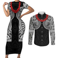 Samoan Traditional Art Tattoos Couples Matching Short Sleeve Bodycon Dress and Long Sleeve Button Shirt Tatau Tribal Motifs with Ula Fala Black LT03 Black - Polynesian Pride