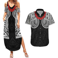 Samoan Traditional Art Tattoos Couples Matching Summer Maxi Dress and Hawaiian Shirt Tatau Tribal Motifs with Ula Fala Black - Polynesian Pride