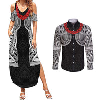 Samoan Traditional Art Tattoos Couples Matching Summer Maxi Dress and Long Sleeve Button Shirt Tatau Tribal Motifs with Ula Fala Black - Polynesian Pride