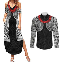 Samoan Traditional Art Tattoos Couples Matching Summer Maxi Dress and Long Sleeve Button Shirt Tatau Tribal Motifs with Ula Fala Black LT03 Black - Polynesian Pride