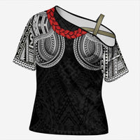 Samoan Traditional Art Tattoos Cross Shoulder Shirt Tatau Tribal Motifs with Ula Fala Black - Polynesian Pride