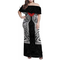 Samoan Traditional Art Tattoos Family Matching Off Shoulder Maxi Dress and Hawaiian Shirt Tatau Tribal Motifs with Ula Fala Black LT03 Mom's Dress Black - Polynesian Pride