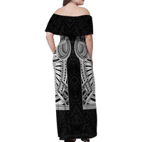 Samoan Traditional Art Tattoos Family Matching Off Shoulder Maxi Dress and Hawaiian Shirt Tatau Tribal Motifs with Ula Fala Black - Polynesian Pride
