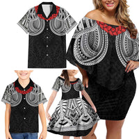 Samoan Traditional Art Tattoos Family Matching Off Shoulder Short Dress and Hawaiian Shirt Tatau Tribal Motifs with Ula Fala Black LT03 - Polynesian Pride