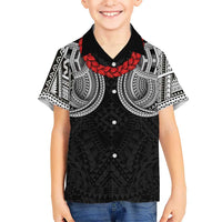 Samoan Traditional Art Tattoos Family Matching Off Shoulder Short Dress and Hawaiian Shirt Tatau Tribal Motifs with Ula Fala Black LT03 Son's Shirt Black - Polynesian Pride