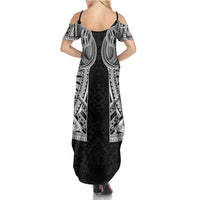 Samoan Traditional Art Tattoos Family Matching Summer Maxi Dress and Hawaiian Shirt Tatau Tribal Motifs with Ula Fala Black LT03 - Polynesian Pride