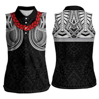 Samoan Traditional Art Tattoos Women Sleeveless Polo Shirt Tatau Tribal Motifs with Ula Fala Black - Polynesian Pride